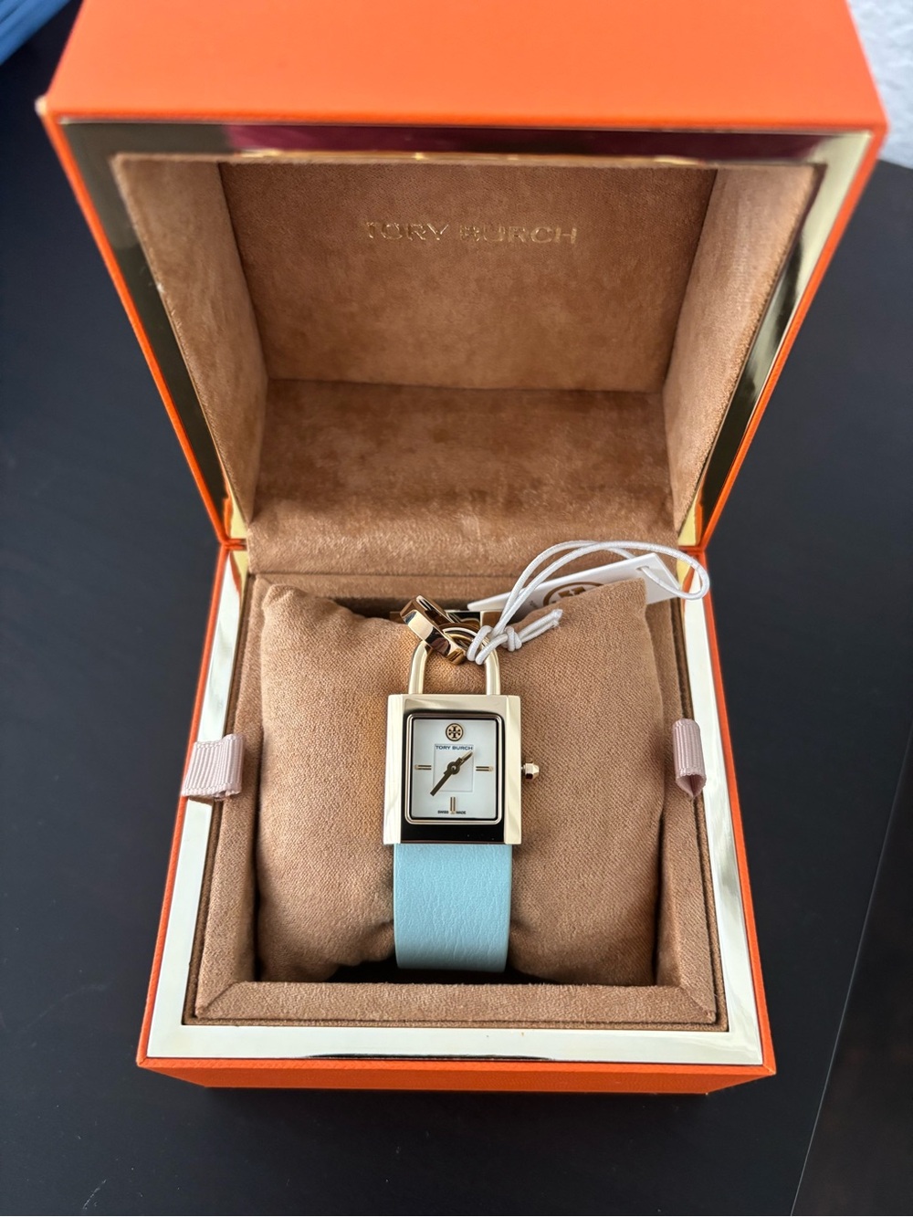 Tory Burch Gold-Tone Padlock Watch with Light Seafoam Green Strap